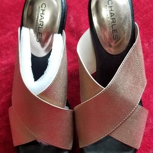 Rose gold elastic wedge sandals